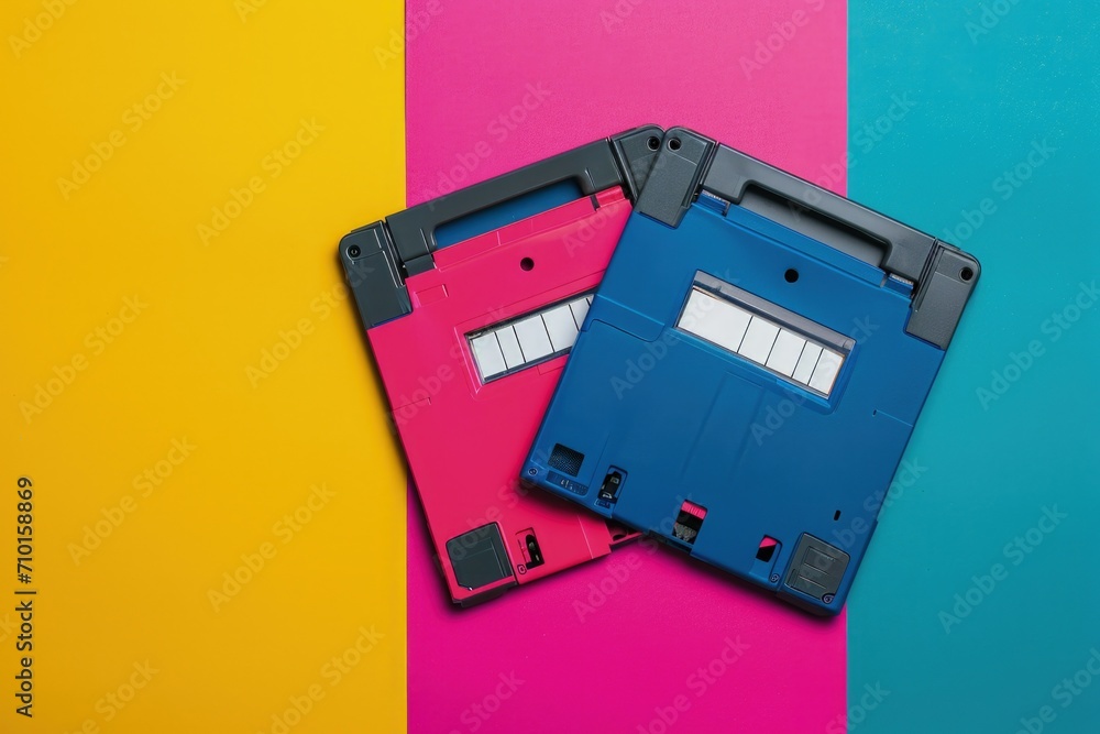 Old computer floppy disk, colorful retro style background, 80s and 90s technology. Old computer floppy disk, colorful retro style background, 80s and 90s technology.