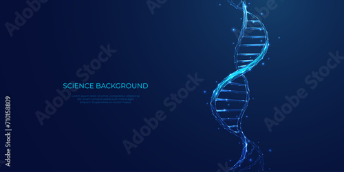 Abstract DNA double helix in futuristic technology style. Science concept. DNA blue background. Genetic and biology vector illustration. Digital gene. Low poly wireframe. Geometric 3D biology concept. photo