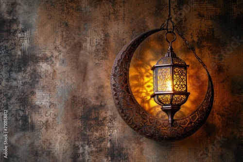 Half moon and moroccan lantern hanging, wall in background, ramadan concept.