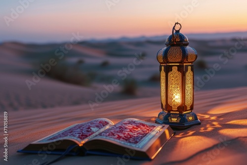 Desert landscape with Moroccan lantern and Quran  holy book  Ramadan concept.