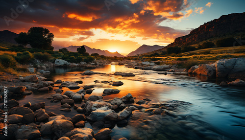 Tranquil scene, sunset over mountain, reflecting on water generated by AI