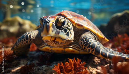 Close up of a cute green sea turtle swimming generated by AI