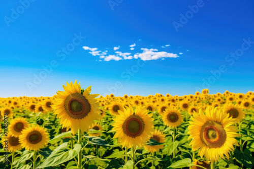 Summer agriculture field meadow sunflower rural nature green yellow sky blue flowers © SHOTPRIME STUDIO