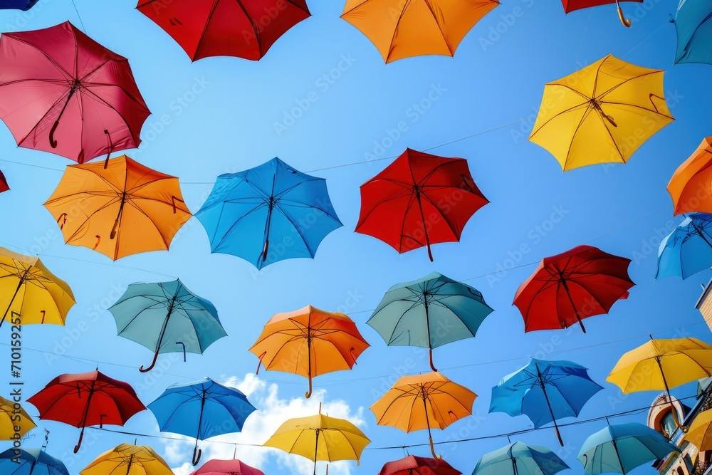Landscape with several colorful umbrellas in the sky.