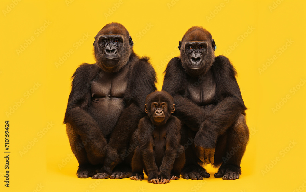 Naklejka premium Gorilla family isolated on yellow background. Generative AI