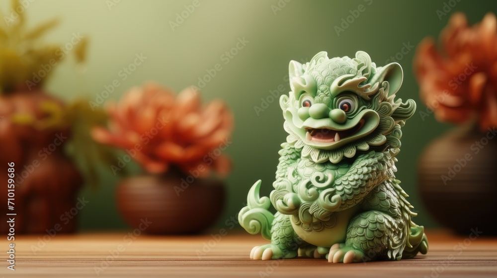 Fototapeta premium In a joyous celebration of Happy Chinese New Year, a vibrant Green Dragon dances through festive streets, symbolizing prosperity, good luck, lively spirit of traditional Lunar New Year festivities.
