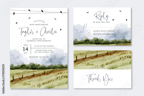 wedding invitation set with watercolor landscape