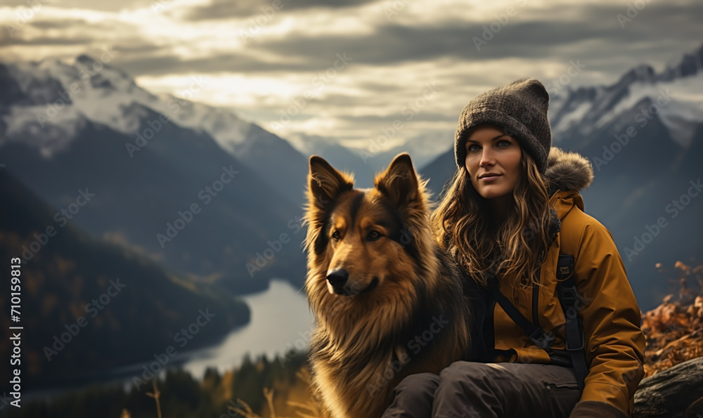 Cinematic image of a hiker girl with german shepherd dog at the top of the mountain with rocks, autumn trees and lake. Long shot of a beautiful scene in autumn from the top. - obrazy, fototapety, plakaty 