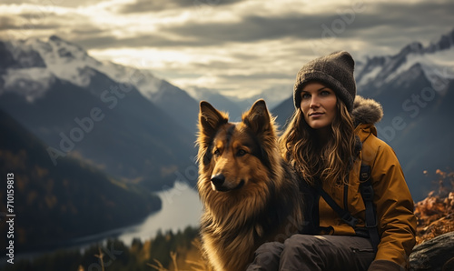 Cinematic image of a hiker girl with german shepherd dog at the top of the mountain with rocks, autumn trees and lake. Long shot of a beautiful scene in autumn from the top.