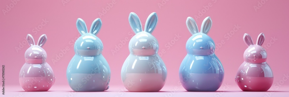 blue and pink ceramics bunnies standing a pink background
