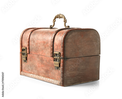 Old chest with treasures isolated on white background