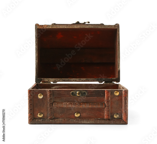 Empty old wooden chest isolated on white background