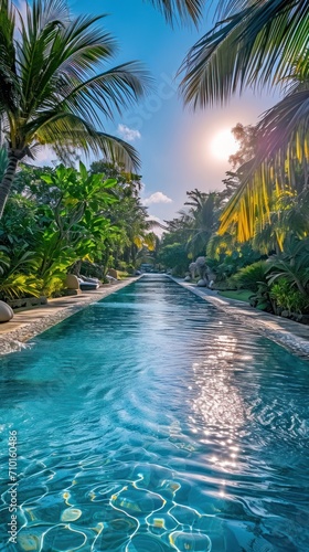 Beachfront resort s opulent swimming pool surrounded by lush tropical landscapes.