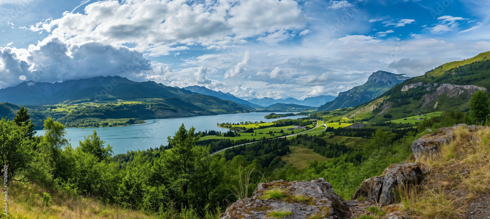 Panoramic view of green mountains and lake