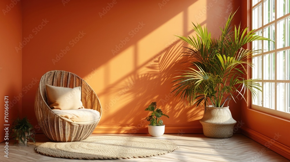 Fototapeta premium Workspace interior: Bright, inviting office space designed in Apricot Crush color scheme, reflecting positivity and energy, natural light