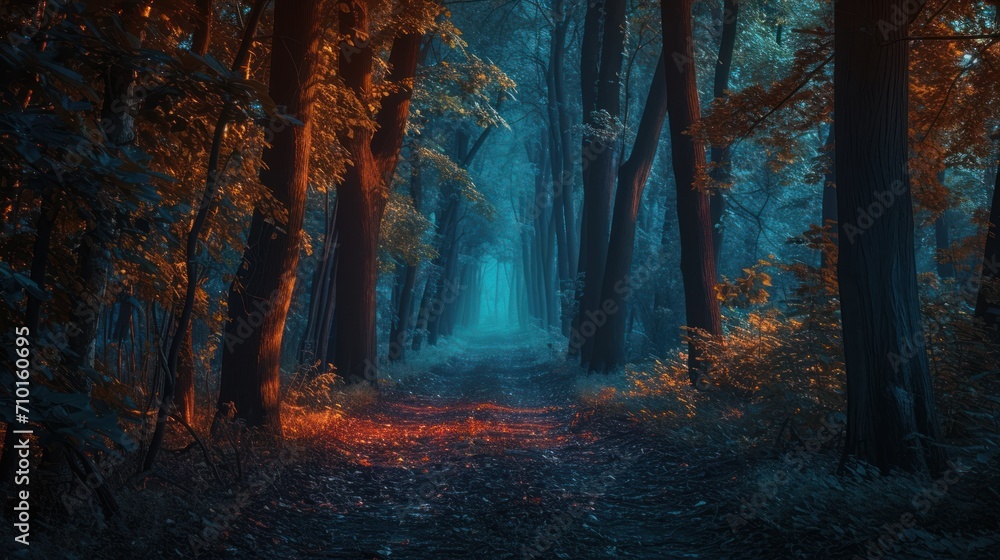 Fototapeta premium A magical fantasy forest where tall trees cast deep shadows