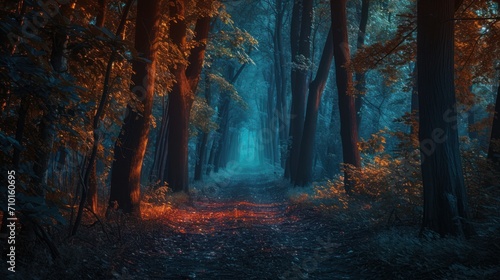 A magical fantasy forest where tall trees cast deep shadows