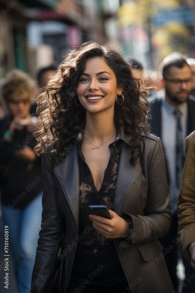 A happy woman in the city using a smartphone. 