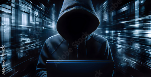 Hacker in hoodie dark theme cybersecurity vulnerability and hacker,coding,malware concept. Generative Ai.