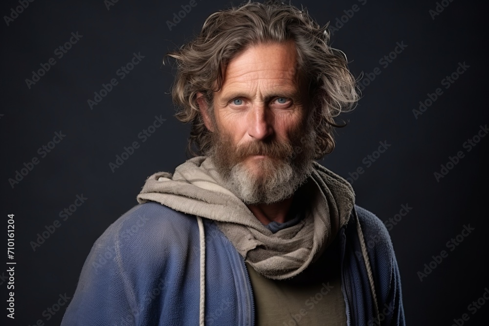 Portrait of a handsome man with long gray hair and beard wearing a blue sweater and scarf on a dark background Portrait of a handsome man with long gray hair and beard wearing a blue sweater and scarf on a dark background