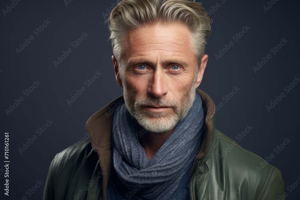 Portrait of a handsome mature man in a warm jacket and scarf. Portrait of a handsome mature man in a warm jacket and scarf.