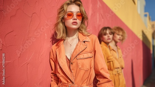 Street-style photography with models wearing outfits in Apricot Crush trendy color, urban background, showcasing vibrancy and mood-boosting effects © Татьяна Креминская
