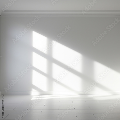Realistic and minimalist blurred natural light windows, shadow overlay on wall paper texture, abstract background. Minimal abstract light white background