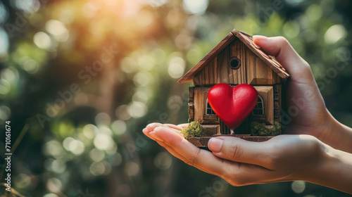 Home sweet home concept. Dream housing. Real estate. Hands holding miniature house with a red heart outdoors on a sunny summer day photo