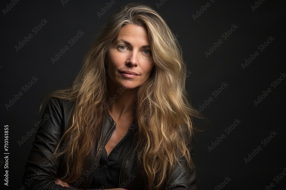 Portrait of a beautiful woman with long blond hair on a dark background