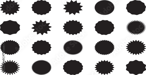 Star shape, starburst sticker burst, oval badge price, sale label vector icon, seal tag. Award, achievement, medal set. Black simple illustration isolated on white background