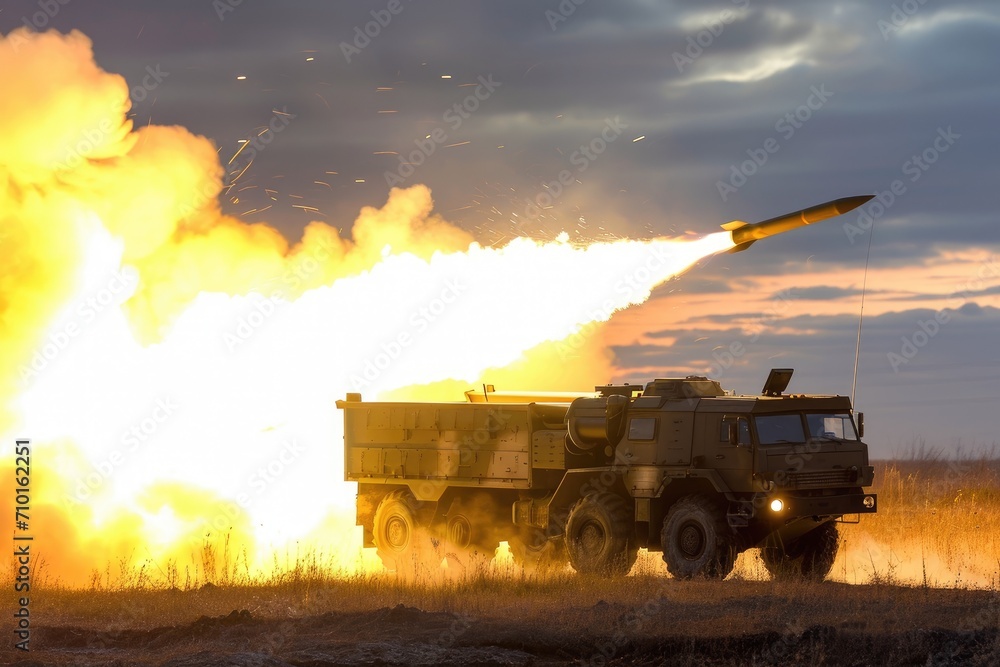 Fototapeta premium Fictional large military truck firing a rocket.