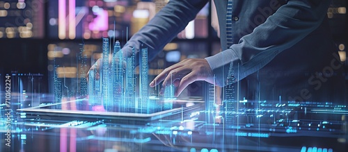 close up of hand designing building using digital tablet, modern building hologram, building technology concept