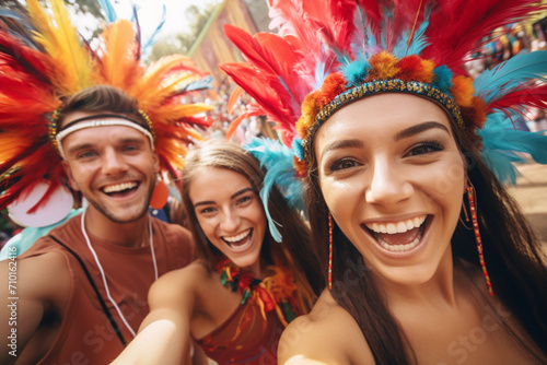 group of friends dressed as American Indians with colorful feathers on their heads during a costume party and carnival in the street. Image created by AI