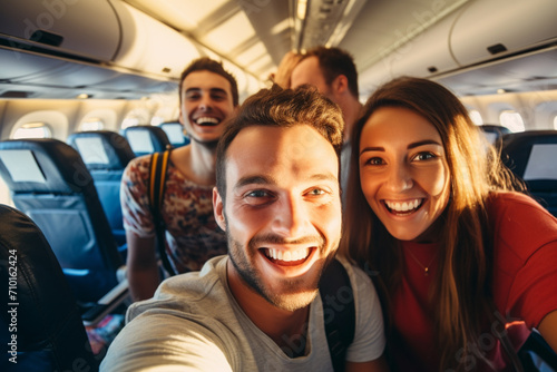 young boys and girls taking a selfie of friends inside an airplane with copy space concept vacation together. Image created by AI