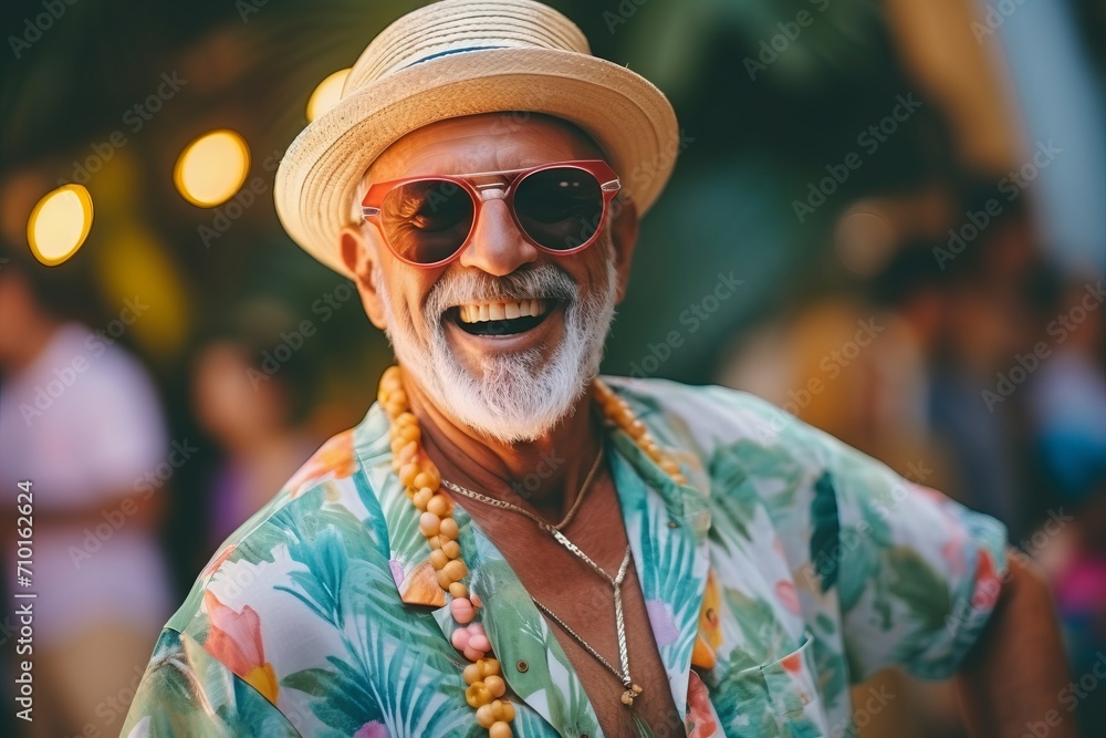 Portrait of happy senior man with sunglasses and hat at the beach