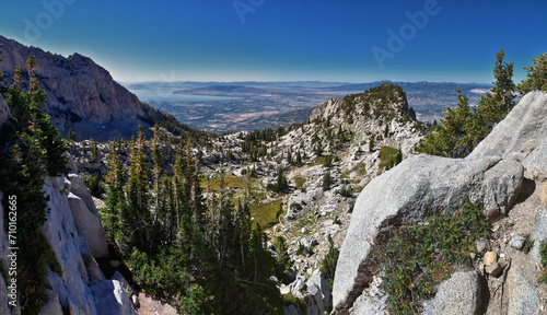 Lone Peak and surrounding landscape view, Jacob’s Ladder hiking trail, Lone Peak Wilderness, Wasatch Rocky Mountains, Utah, USA. 2023