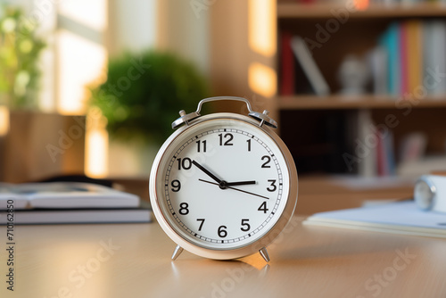 alarm clock on the table in the office. time management concept