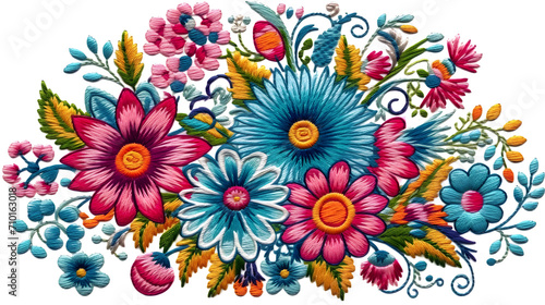 Vibrant Embroidery Fiesta - Colorful Floral Arrangement. This exquisite embroidery showcases a vibrant fiesta of flowers, ideal for adding a splash of color to interiors, fashion, and creative project