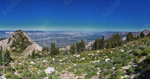 Lone Peak and surrounding landscape view, Jacob’s Ladder hiking trail, Lone Peak Wilderness, Wasatch Rocky Mountains, Utah, USA. 2023