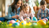 Parents teaching their children the story of Easter, Easter, blurred background, with copy space