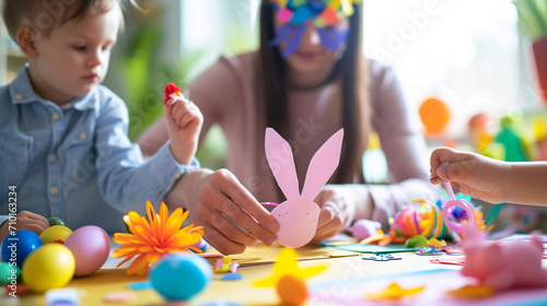 A family making Easter crafts, like bunny masks and paper eggs, Easter, blurred background, with copy space