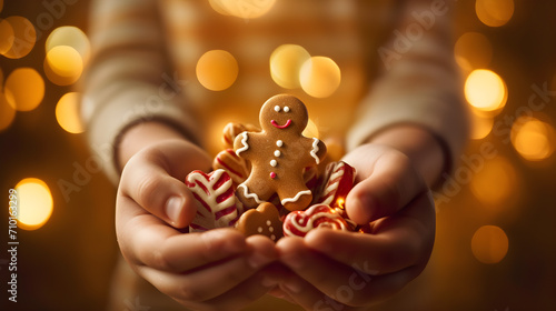 Festive Gingerbread Joy - Handheld Holiday Treats. Hands cradling a selection of gingerbread cookies with a cozy  festive bokeh background  perfect for holiday season themes and culinary delights.
