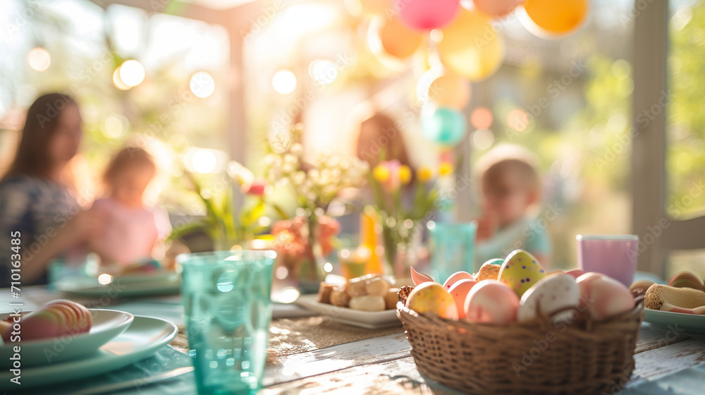 A family enjoying an Easter brunch, Easter, blurred background, with copy space