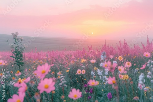 Dreamy pastel sunset in the countryside, soft pink and yellow sky, fields bathed in gentle light