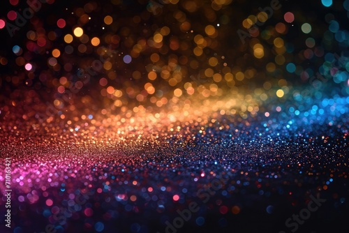 Holographic confetti sparkling on a black background, rainbow reflections, modern and trendy effect