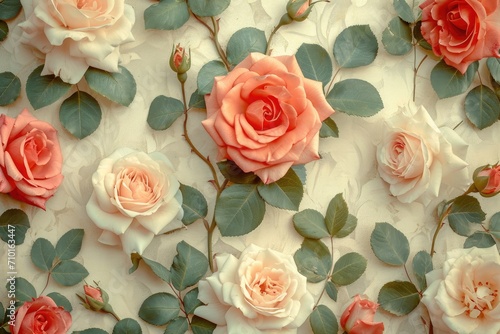 Overhead pattern of vintage style roses  soft color palette  nostalgic and classic feel