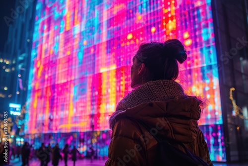 Person in awe, watching a vibrant 3D projection mapping show on a large building at night, dynamic light effects