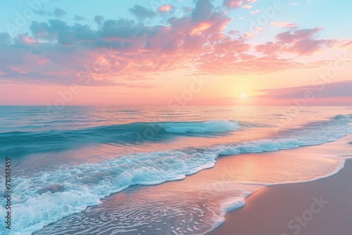 Pastel sunset over a peaceful beach, gentle waves, sky in shades of light pink, blue, and peach