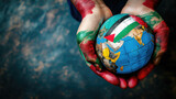 Painted hands holding a colorful globe, symbolizing global unity