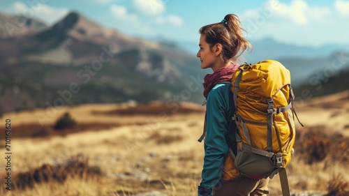 Woman with yellow backpack in autumn mountains